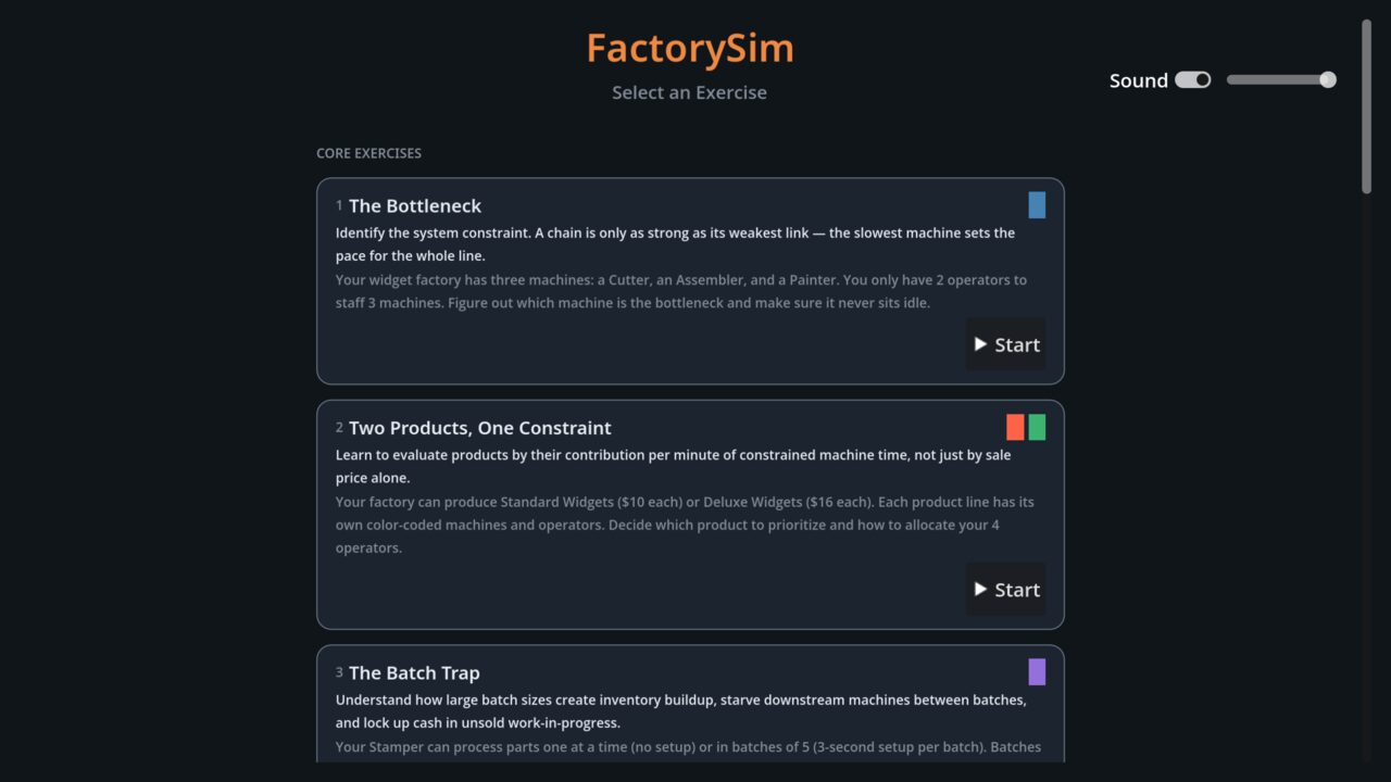The FactorySim exercise menu, listing The Bottleneck, Two Products One Constraint, and The Batch Trap.