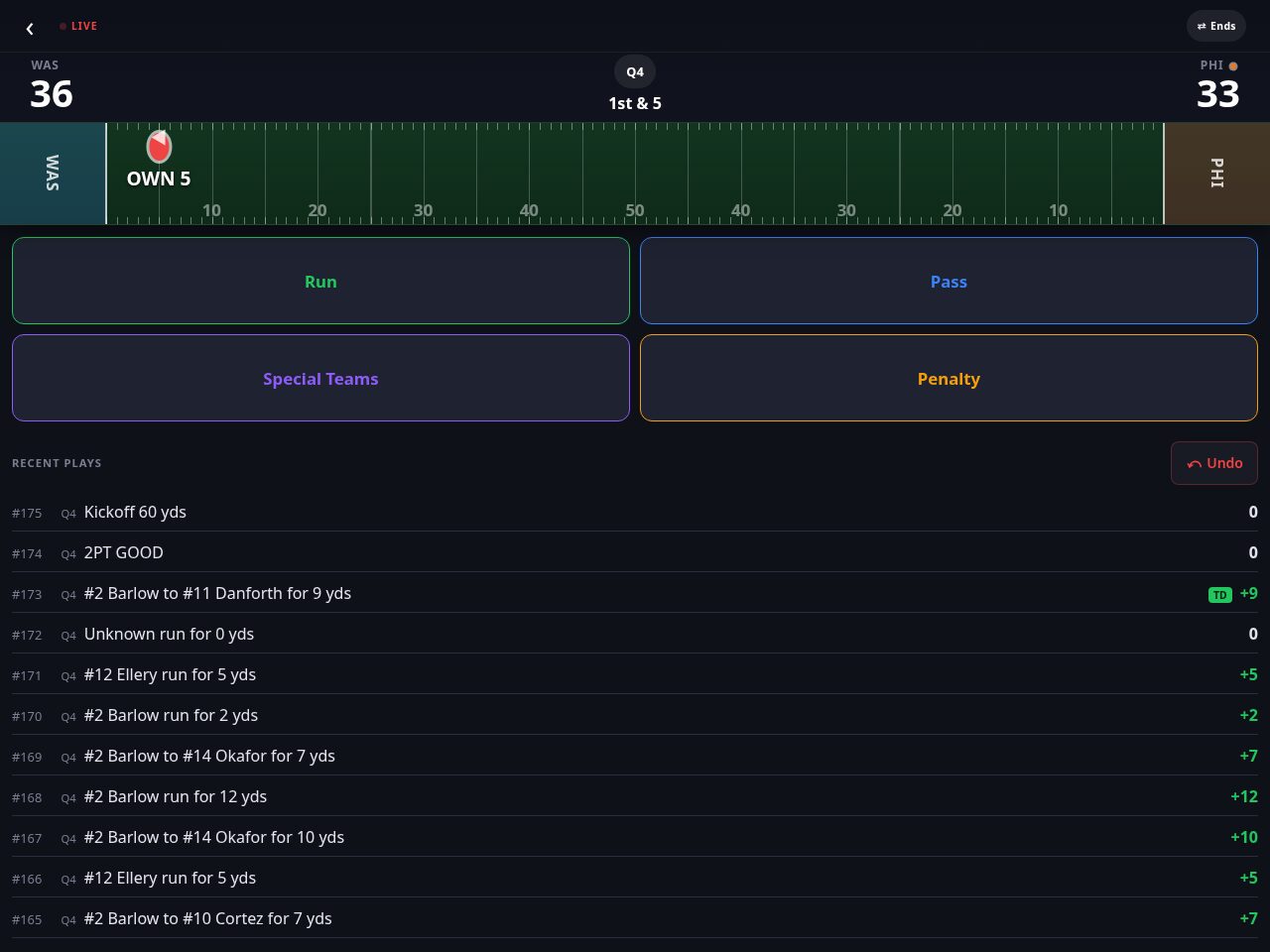 The SportsMan live tracker mid-game: WAS 36, PHI 33 in the fourth quarter, the ball on our own 5, and a running feed of recent plays.