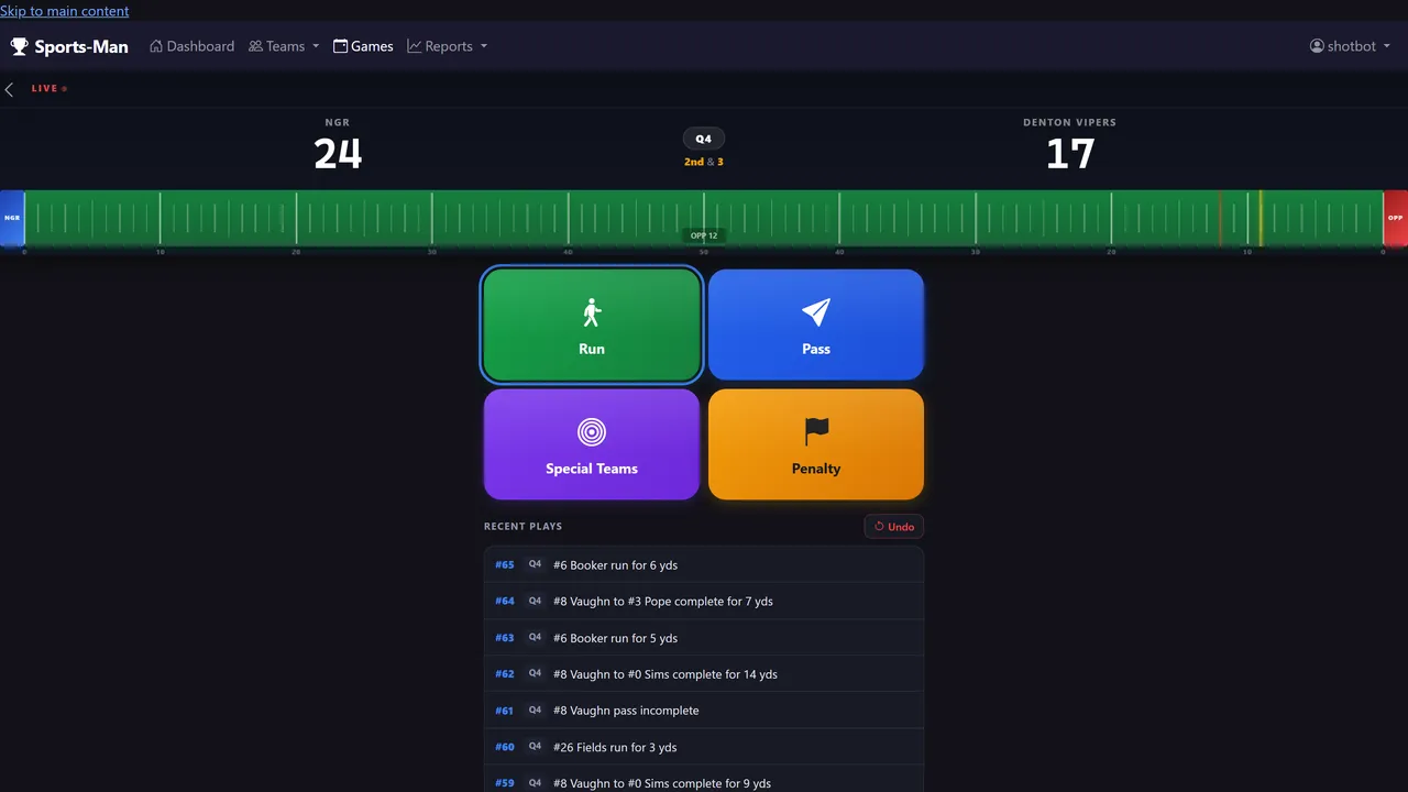 SportsMan live game tracker: field visualization, score, down and distance, play-entry buttons, and a recent-plays feed.
